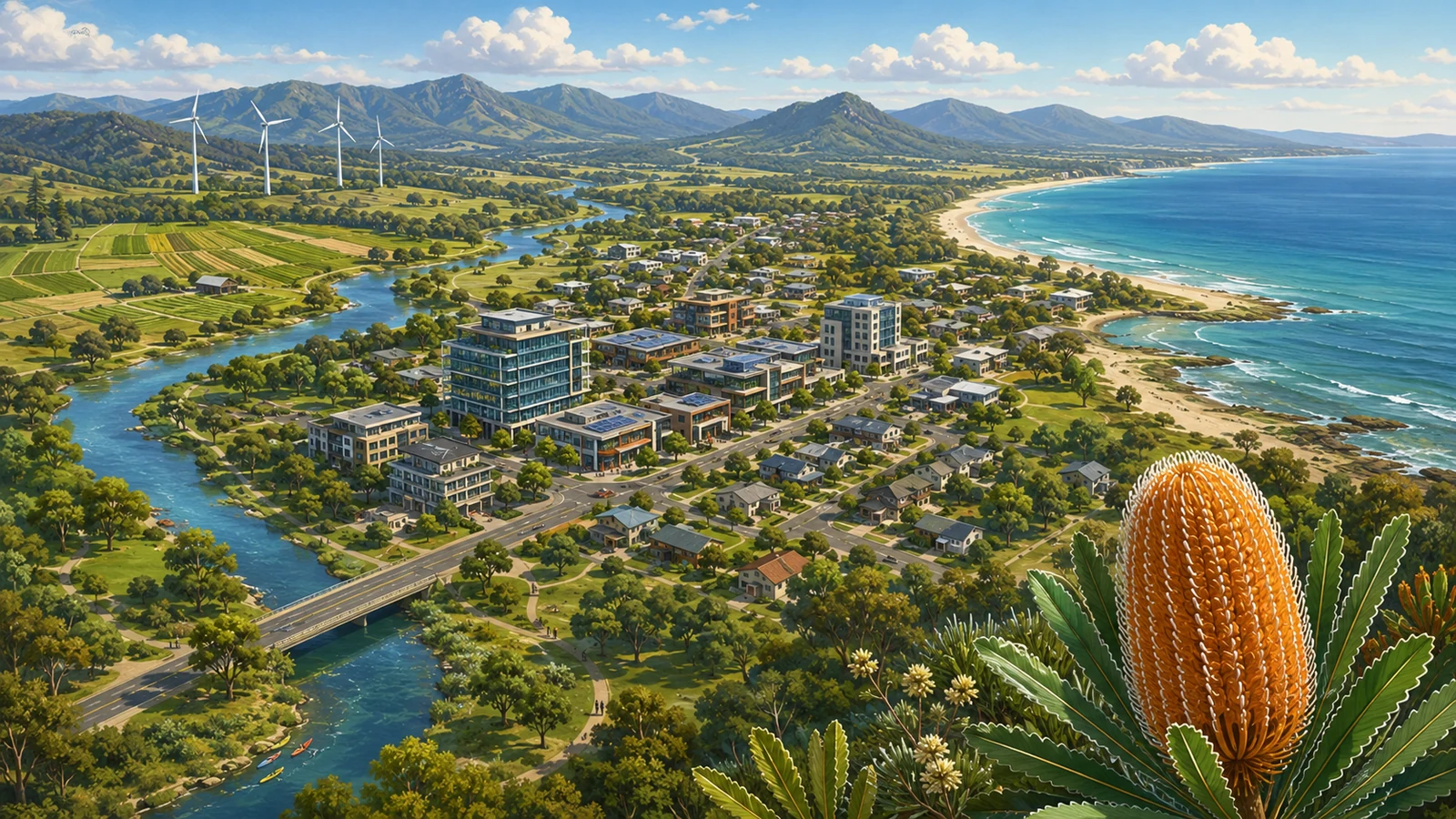 Banksia Plains regional landscape featuring a town, coast, river, farms and renewable energy