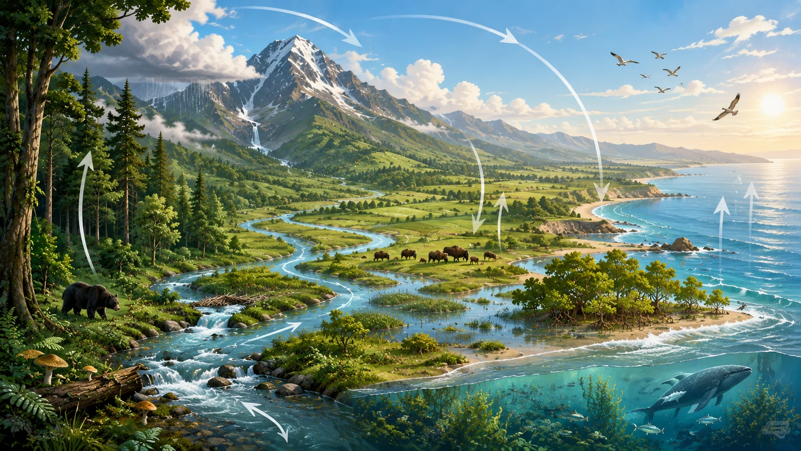 A connected forest, river, farmland, mountain and coastal landscape representing the carbon cycle