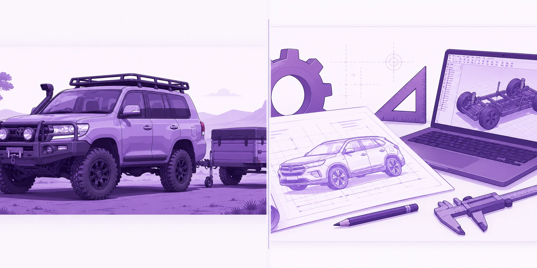 A purple Australian four-wheel-drive vehicle and Engineering CAD workspace representing Year 9 and Year 12 Engineering