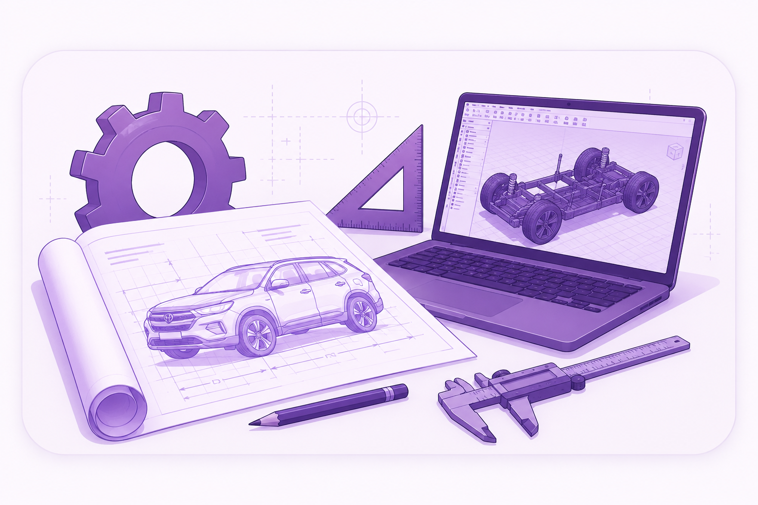 Purple engineering workspace with a blueprint, CAD laptop, gear and measuring tools
