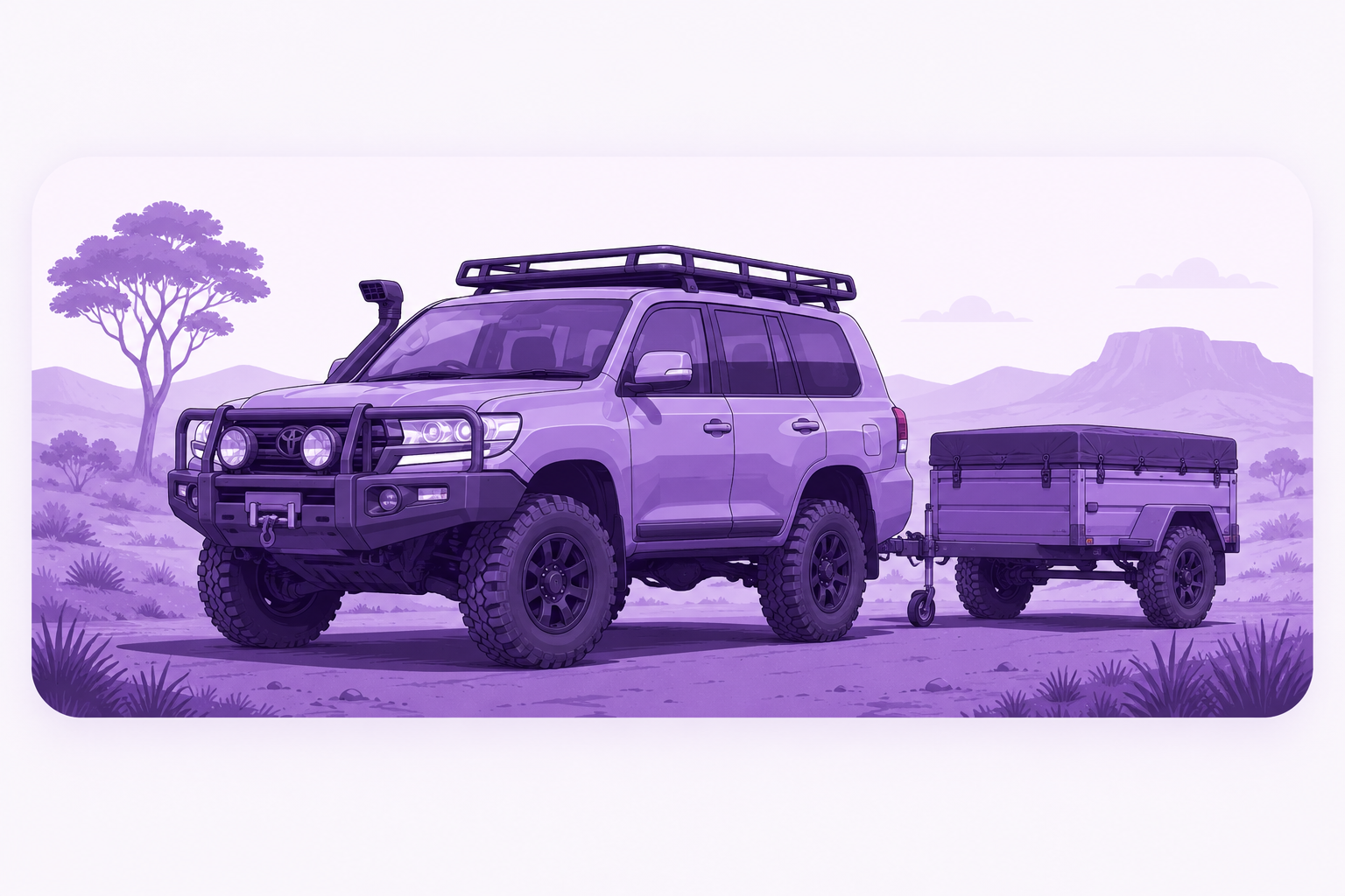 Purple Australian four-wheel-drive vehicle towing a trailer in an outback landscape