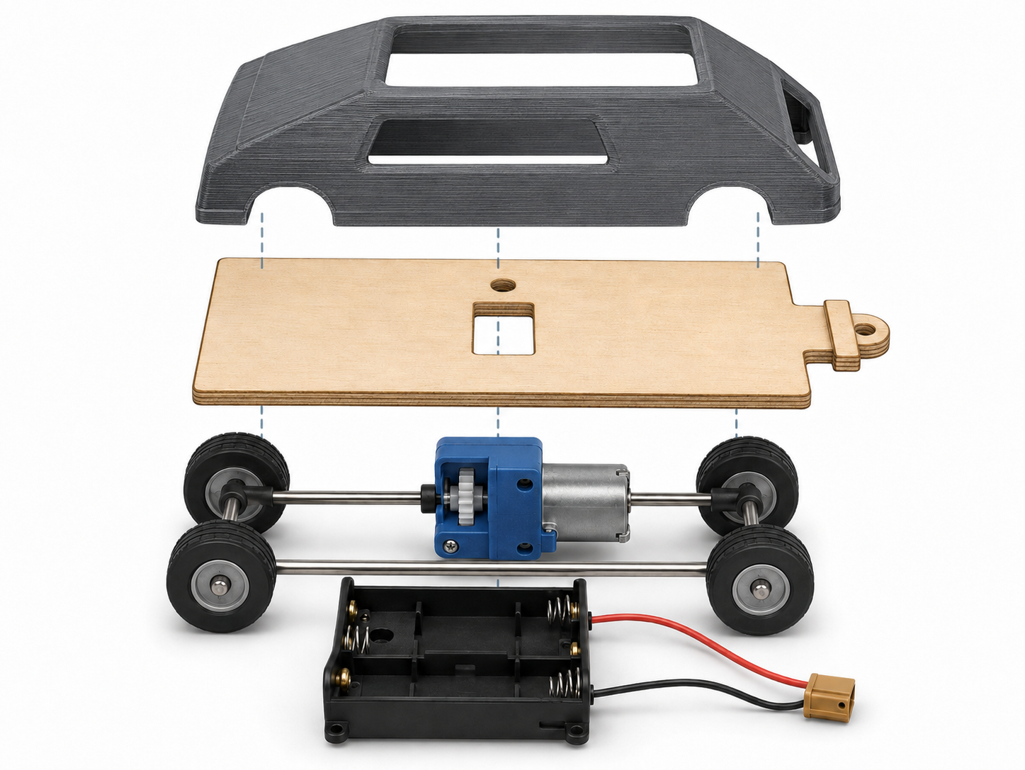 Exploded view of a model vehicle showing a 3D printed car body, plywood Scorpio base, axles, wheels, gearbox, motor and battery holder.